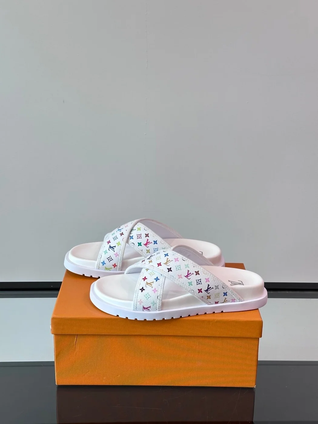 Louis Vuitton Men White Multicolor Leather Slides product view 3