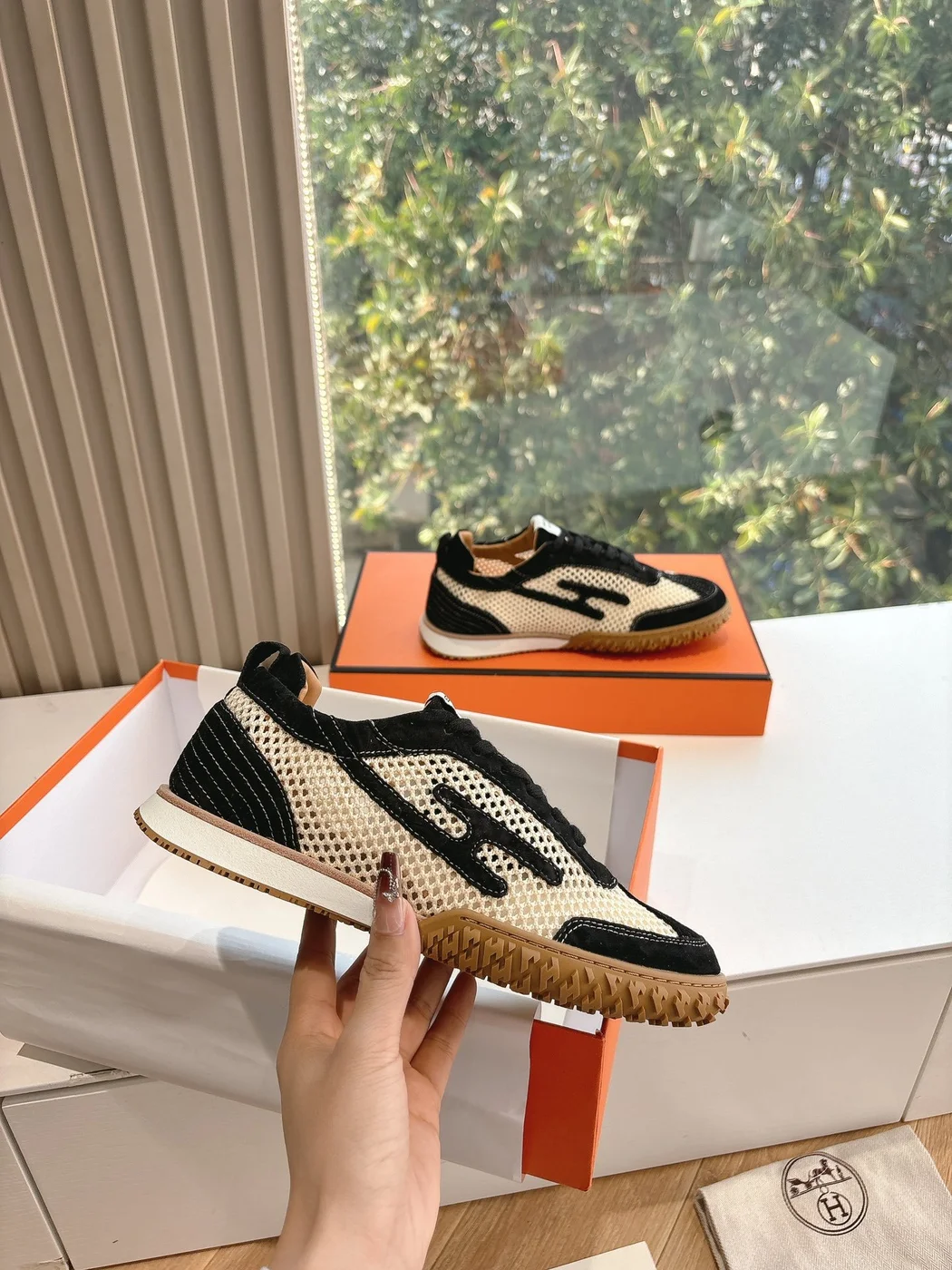 Hermès Women Black And White Mesh Sneakers product view 5