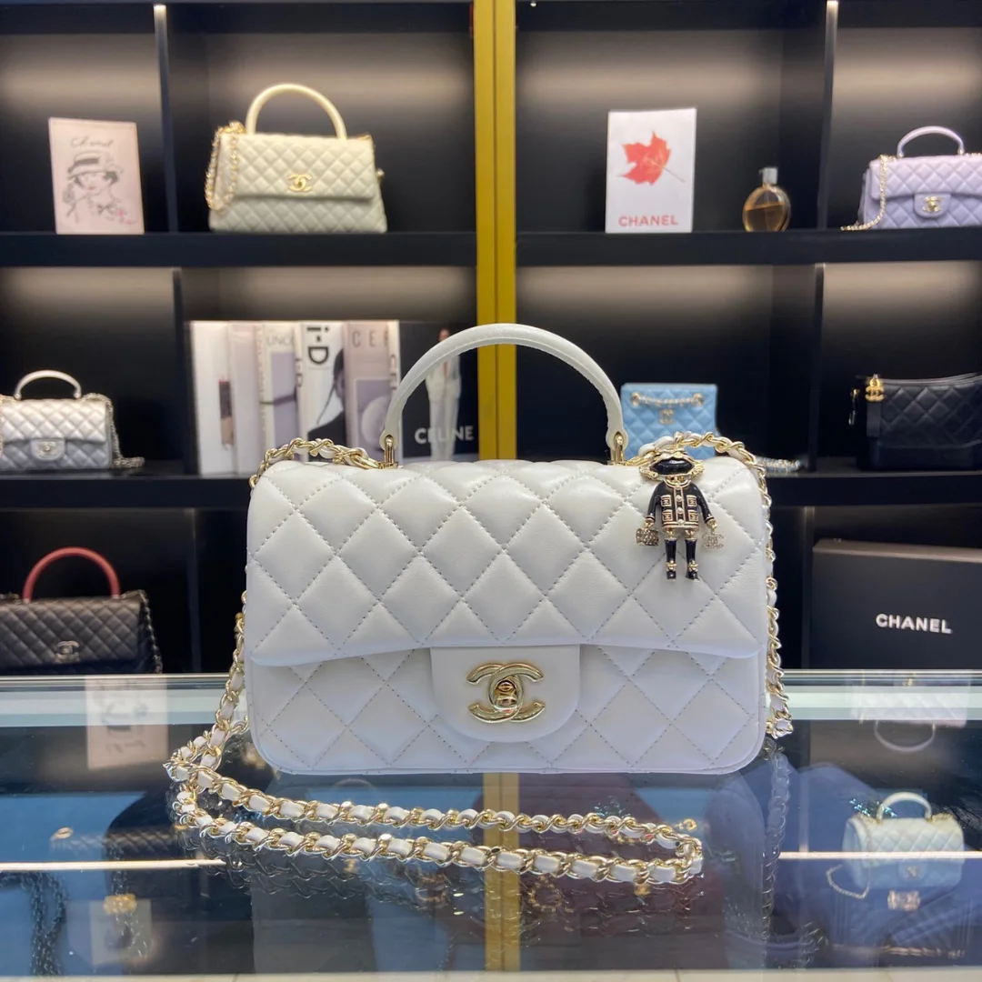 Chanel Handle Charm Handbags Lock Gold Demi White 20x12cm product view 1