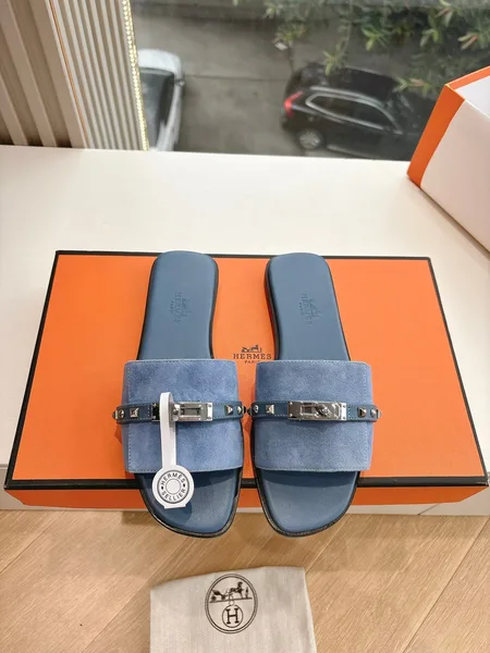 Hermès Women Blue Suede Flat Slide Sandals product view 1