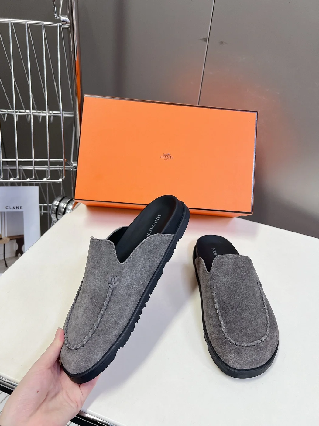 Hermès Women Gray Suede Slip-On Loafers product view 3
