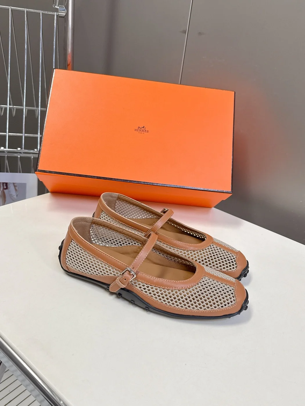 Hermès Women Beige Leather Mesh Mary Jane Flats product view 3