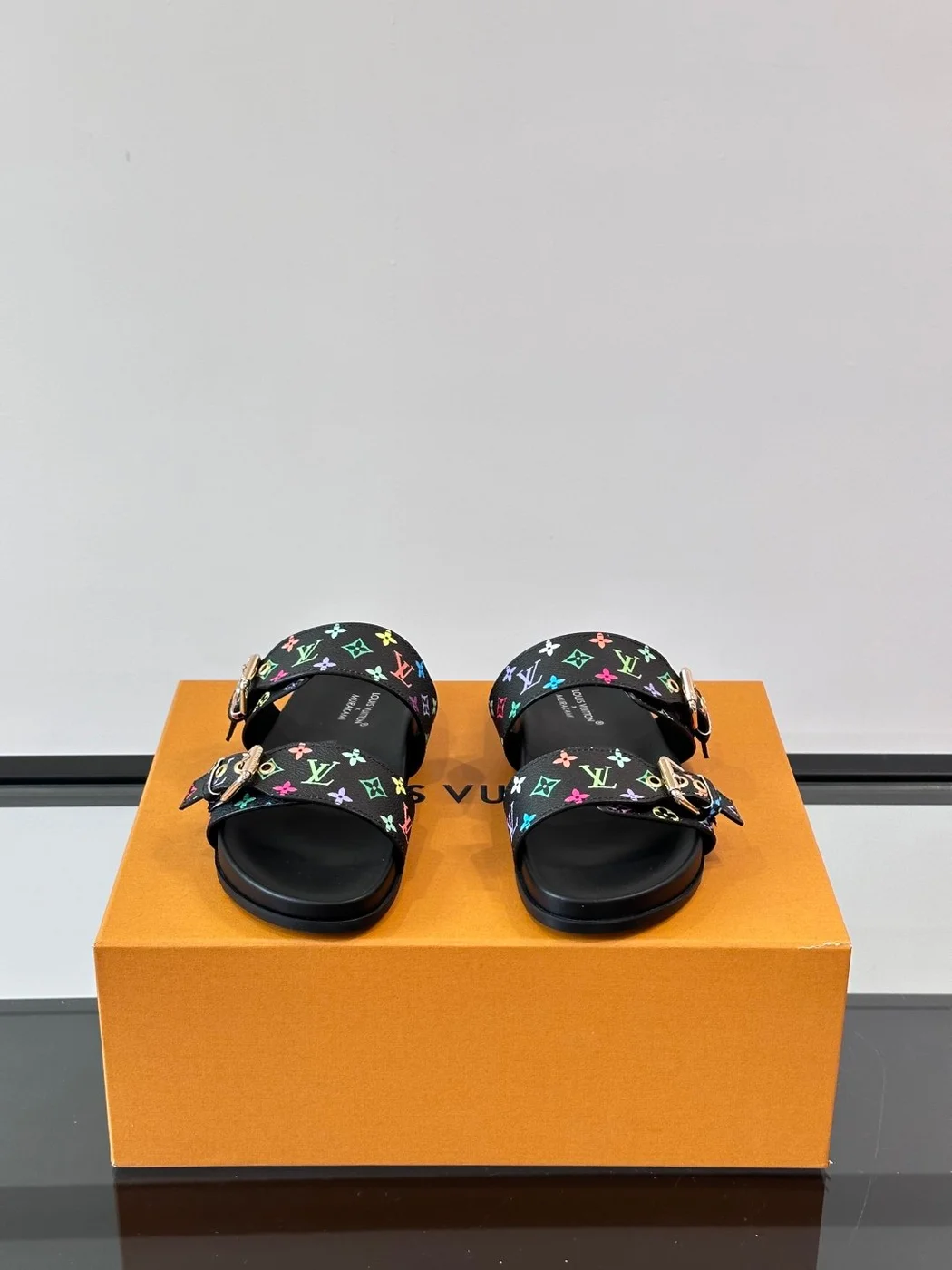 Louis Vuitton Men Black Leather Multicolor Monogram Slides product view 2