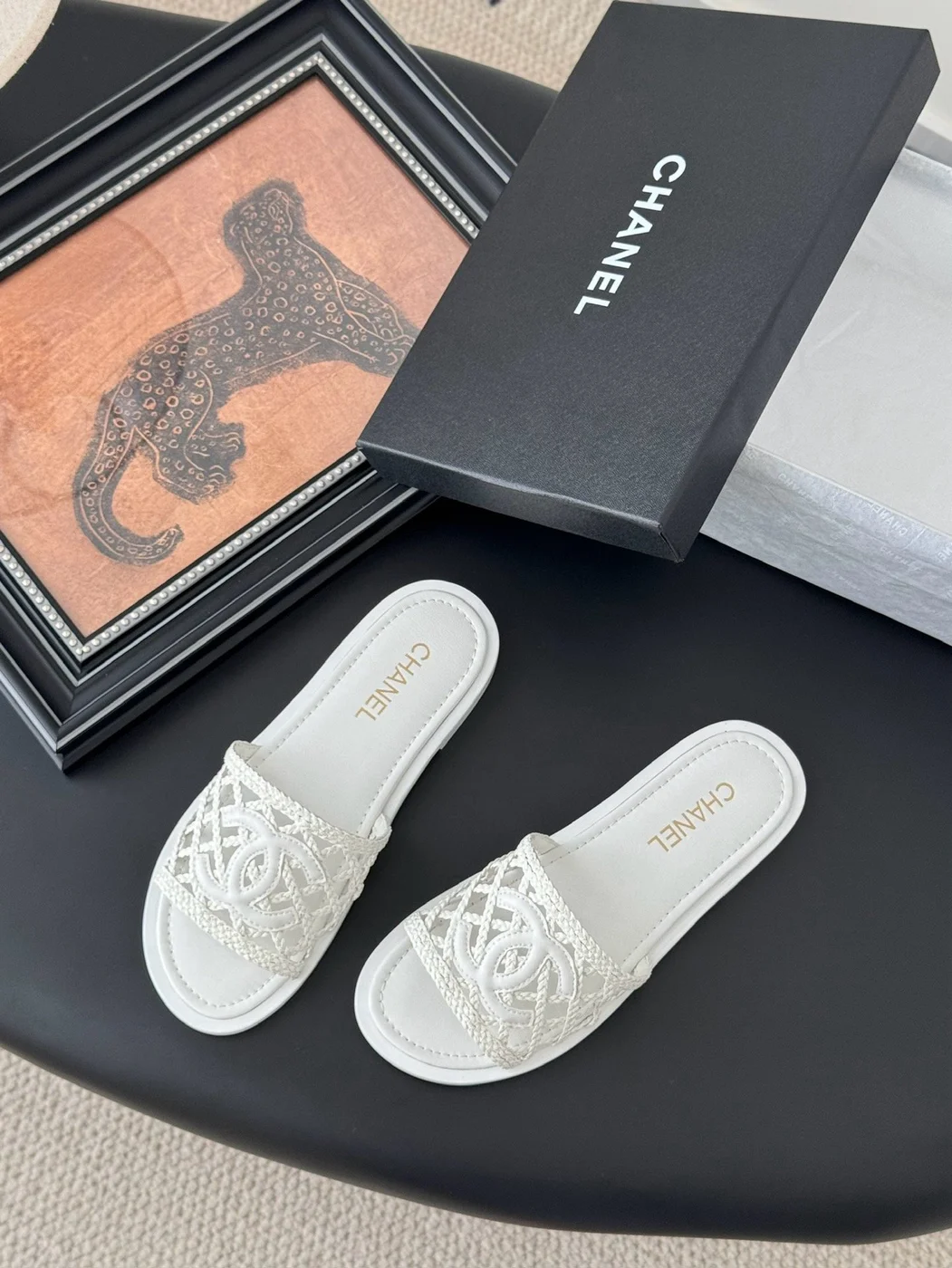 Chanel Women White Woven Leather Slides product view 5