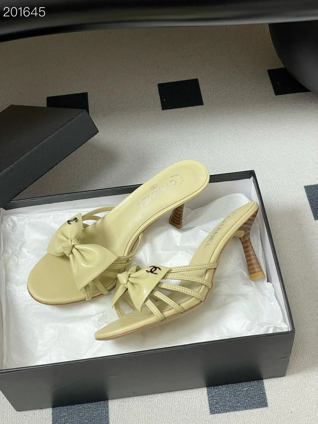 Chanel light-colored strappy bow spool heels product view 3