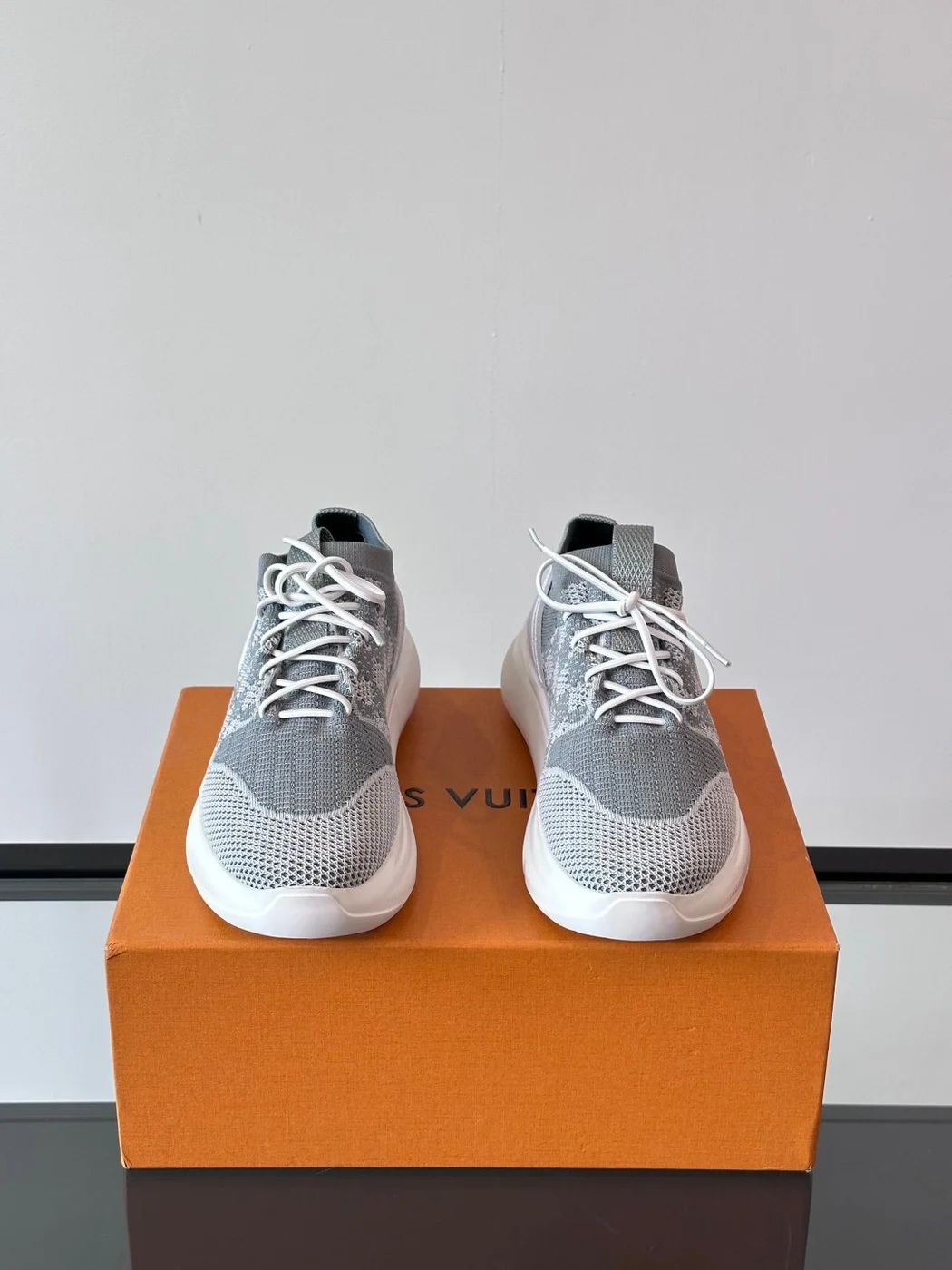 Louis Vuitton Men Grey Knit Fabric Sneakers product view 2