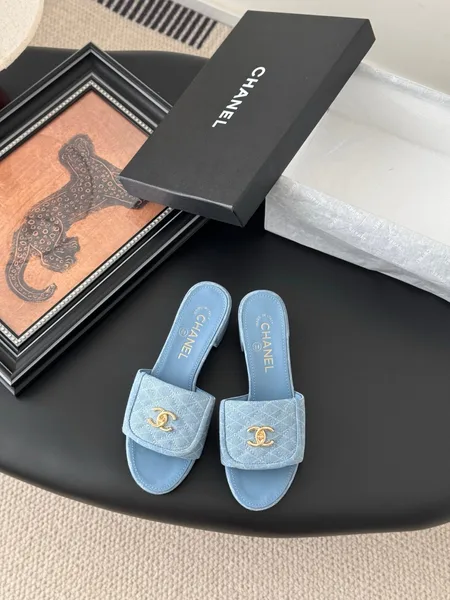 Chanel Women Light Blue Quilted Fabric Slides product view 1