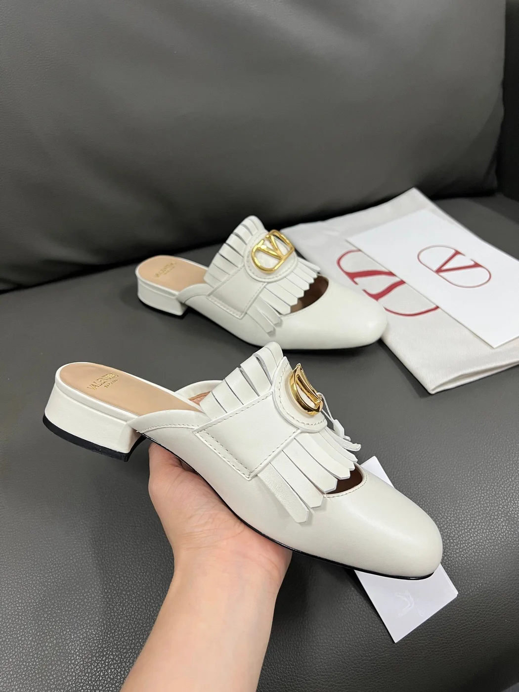 Valentino Women White Leather Fringe Mules product view 6