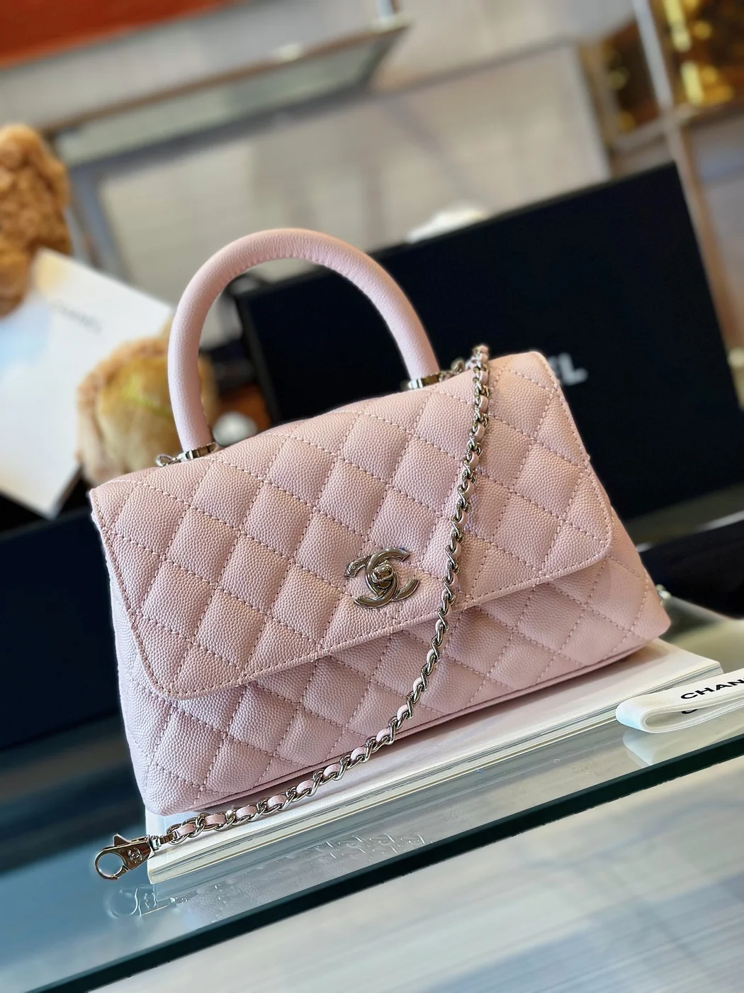 Chanel Coco Handbags Leather Pink With Silver Lock 23 cm product view 7