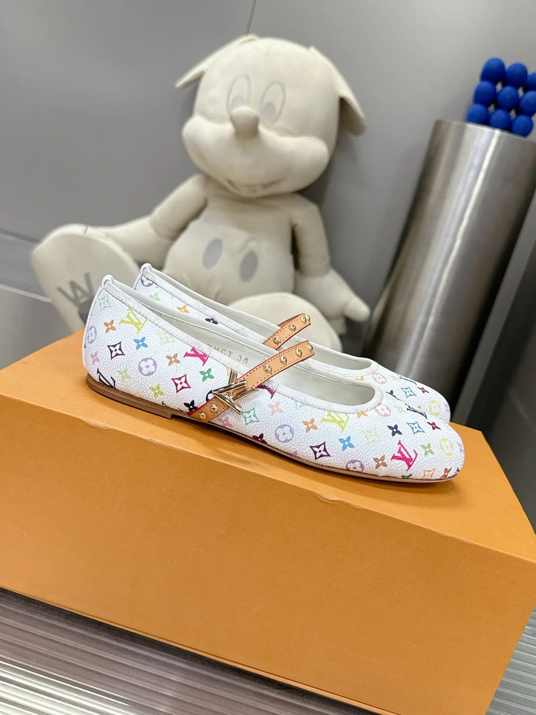 Louis Vuitton Women White Canvas Multicolor Print Leather Strap Flats product view 3