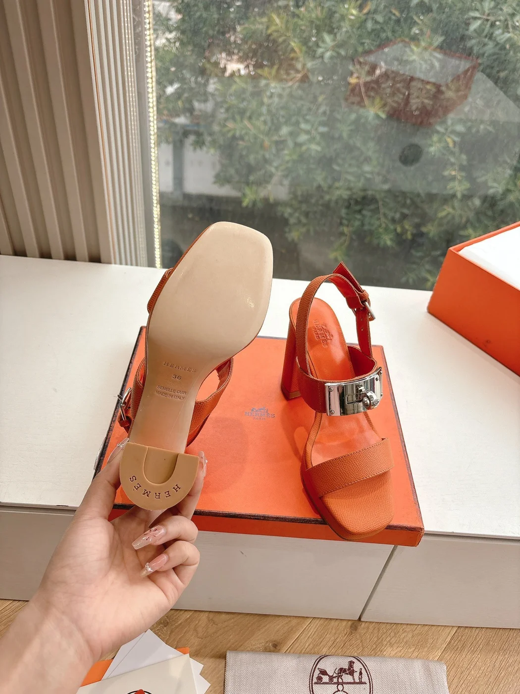 Hermès Women Orange Leather Sandals product view 2