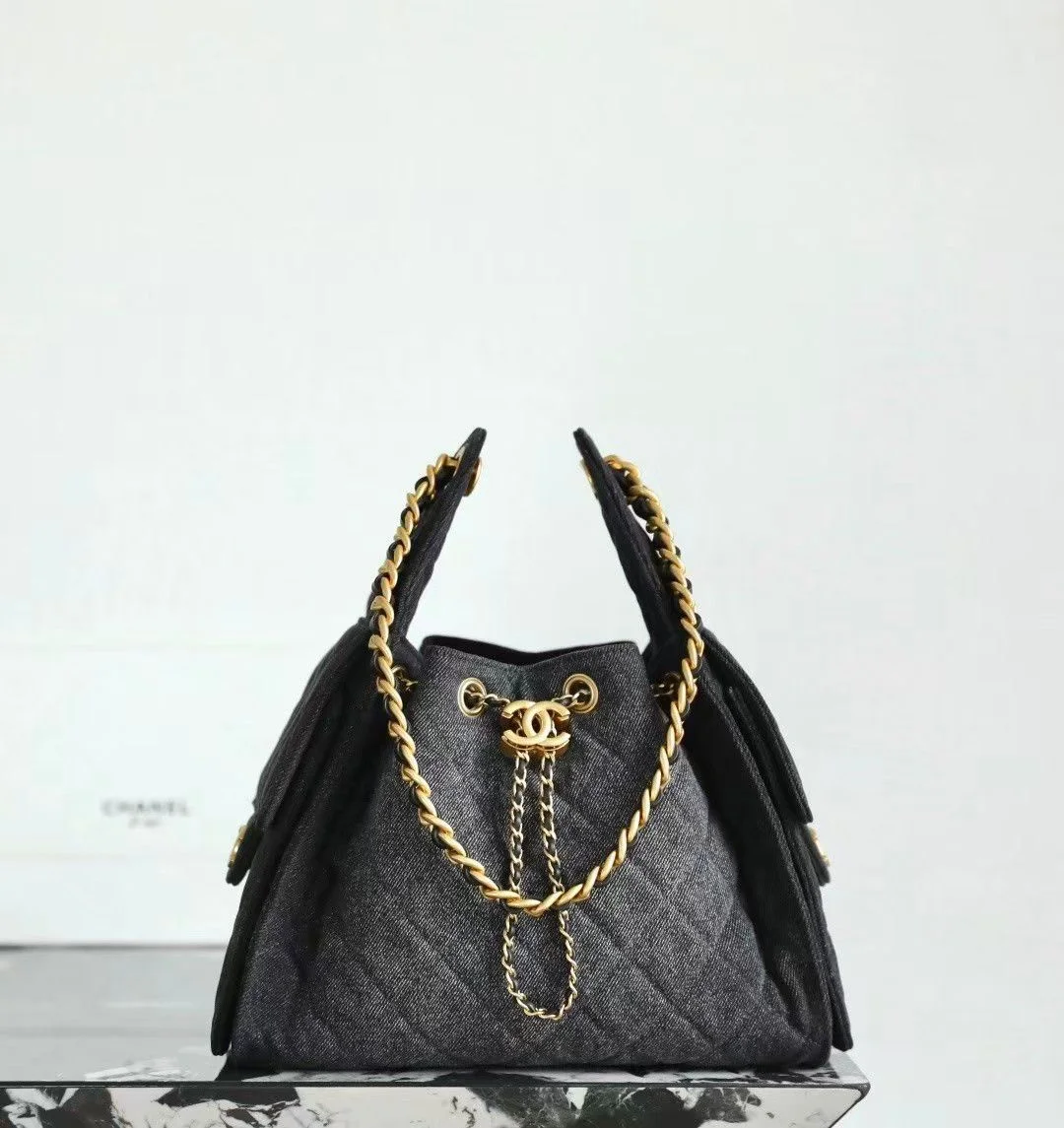Chanel 25 cm Black Denim Bag with Gold Hardware