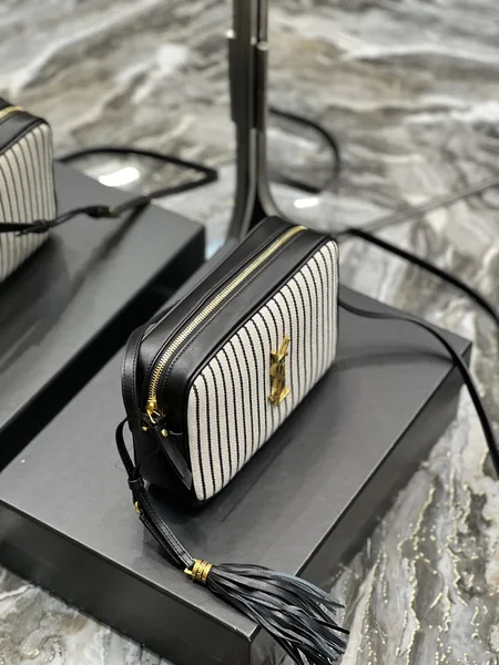 Saint Laurent Lou Medium Saint Laurent Striped Canvas Camera Crossbody Bag In Grey Cream product view 3