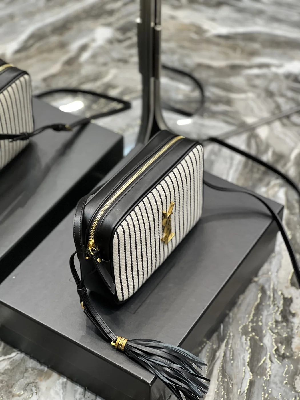 Saint Laurent Lou Medium Saint Laurent Striped Canvas Camera Crossbody Bag In Grey Cream product view 3