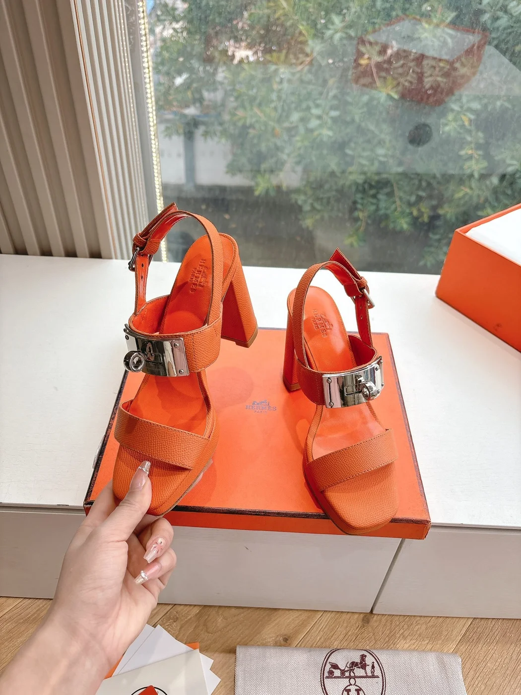Hermès Women Orange Leather Sandals product view 6
