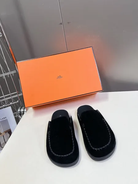 Hermès Women Black Suede Slippers product view 1
