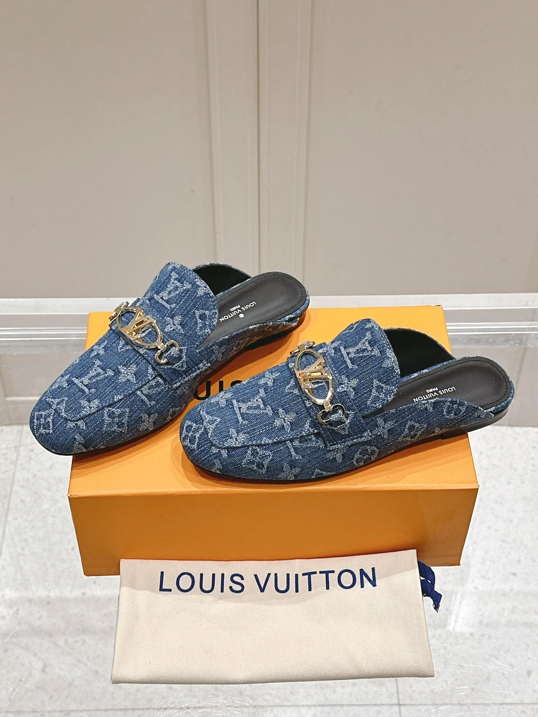 Louis Vuitton Women Blue Denim Leather Mules product view 3
