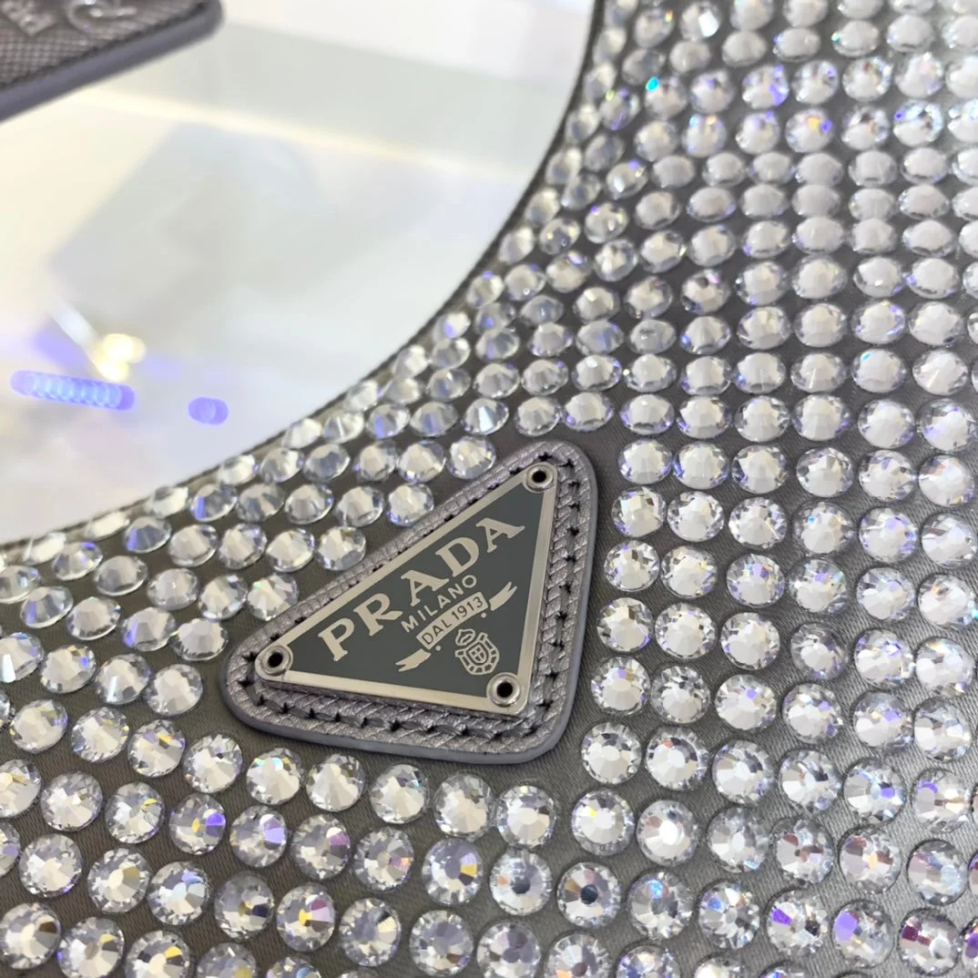 Prada Sparkling Hobo Bag 23 In Silver Nylon Attached Fully Crystals product view 6