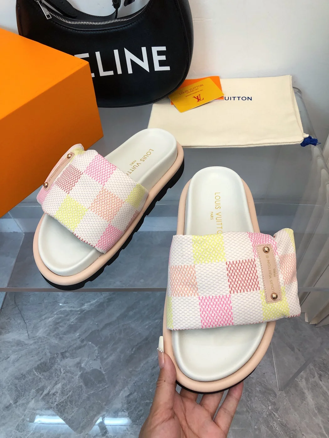 Louis Vuitton Women Pastel Checkered Fabric White Slide Sandals product view 3