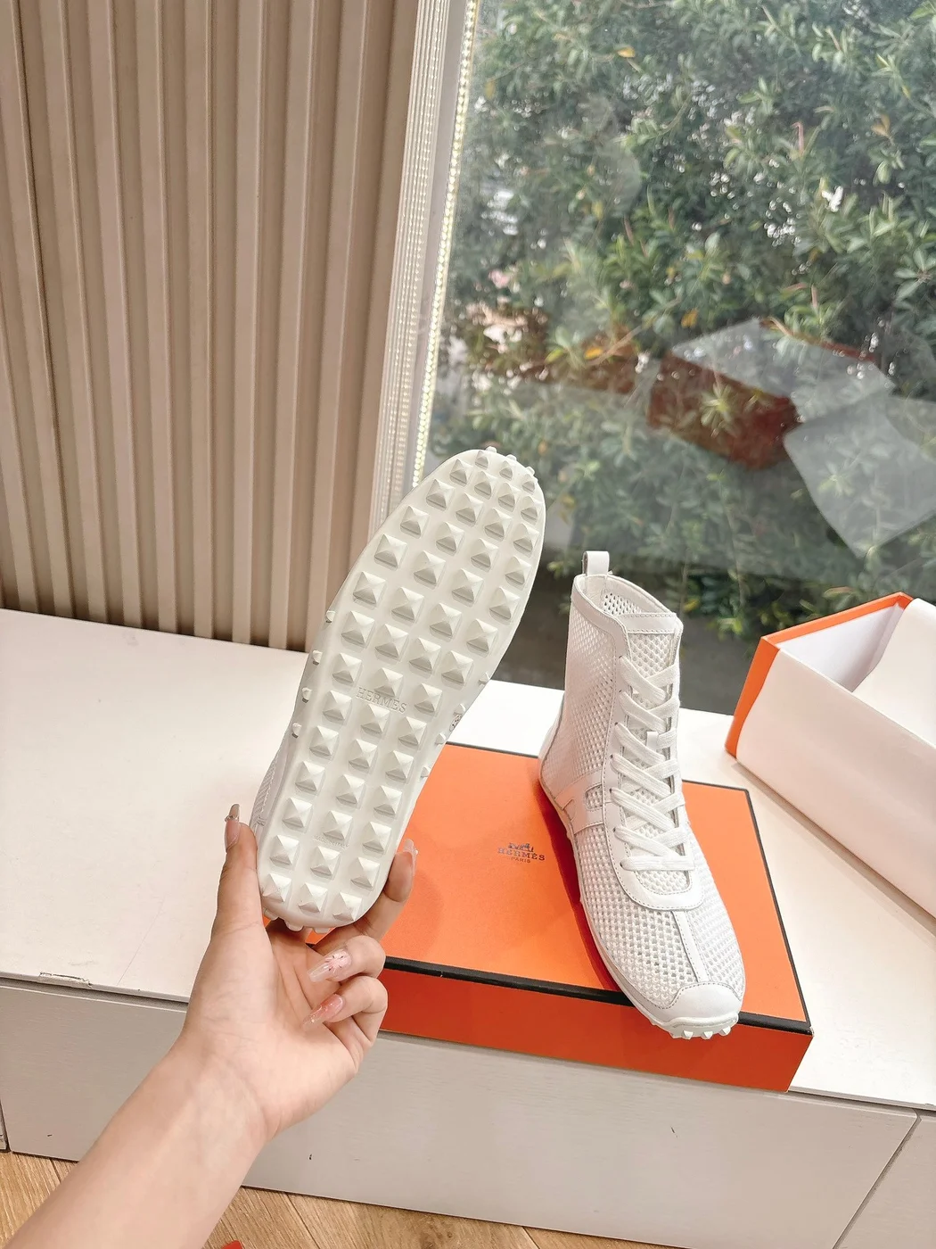 Hermès Women White Mesh Leather Sneakers product view 2