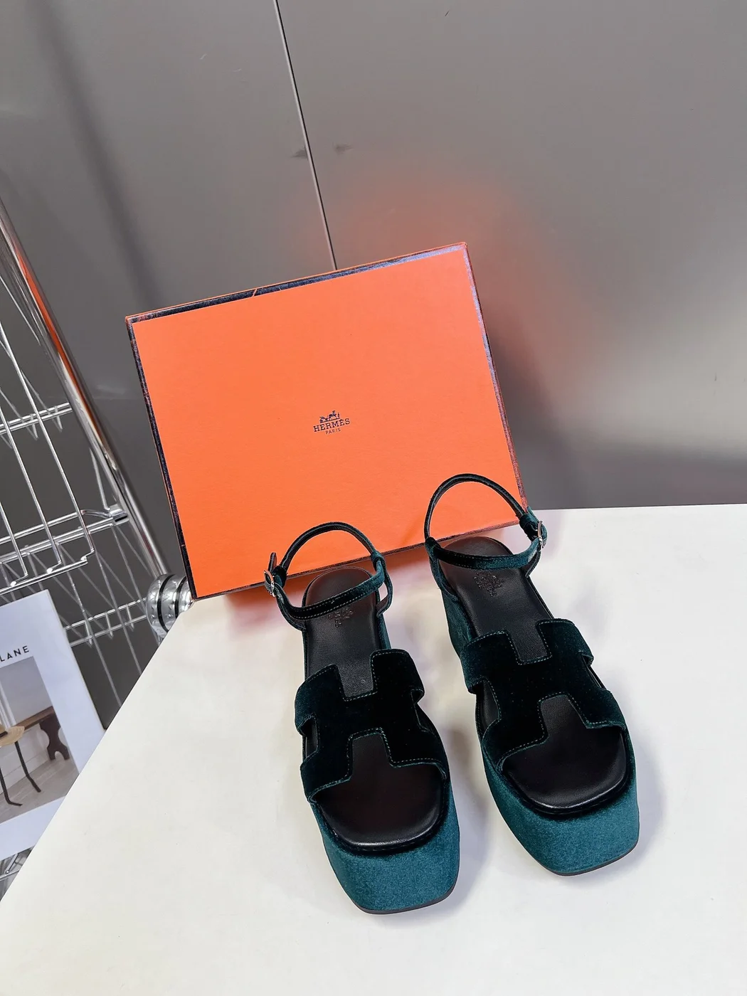 Hermès Women Dark Green Velvet Sandals product view 1