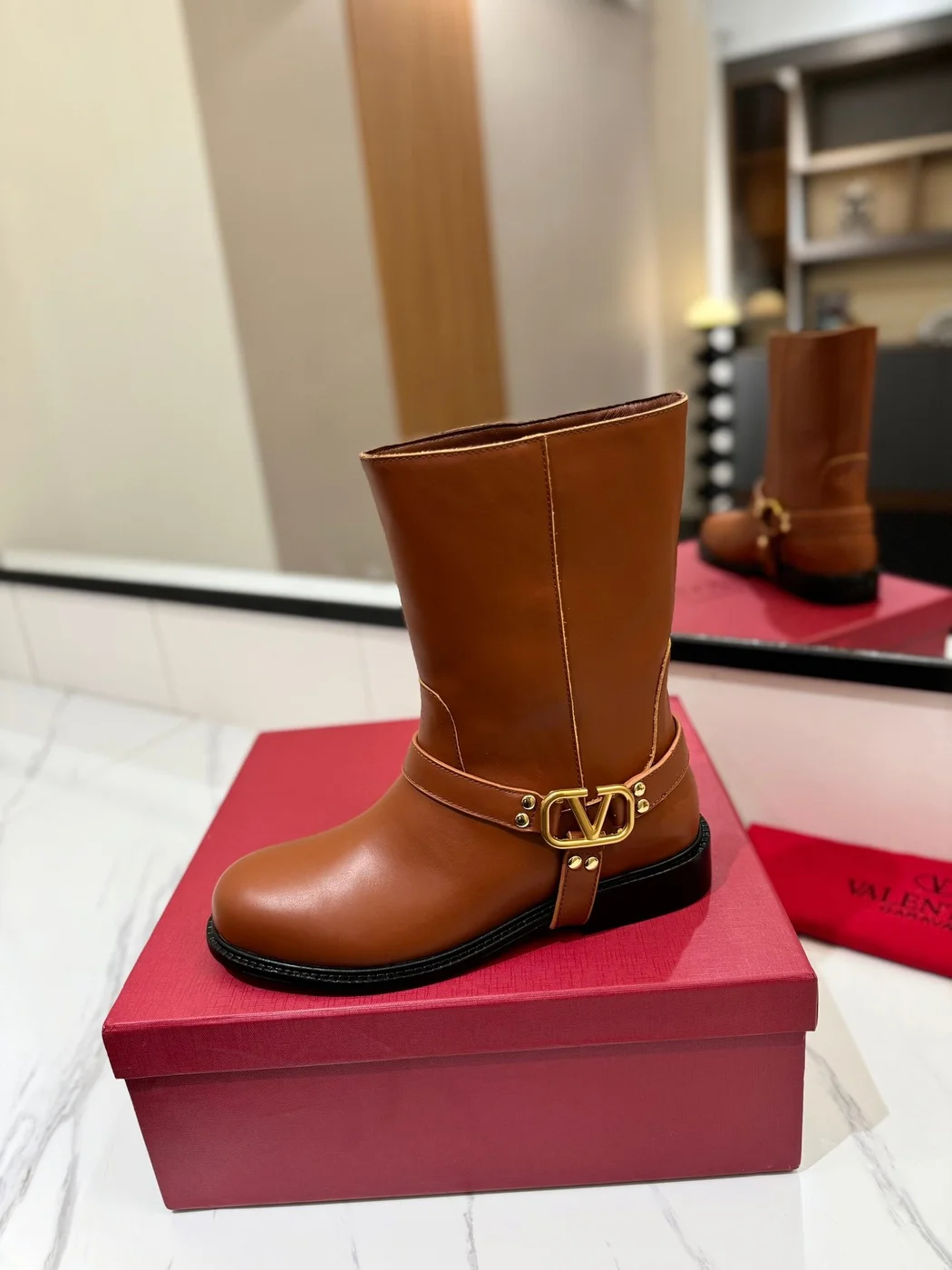 Valentino Women Brown Leather Mid-Calf Boots product view 5