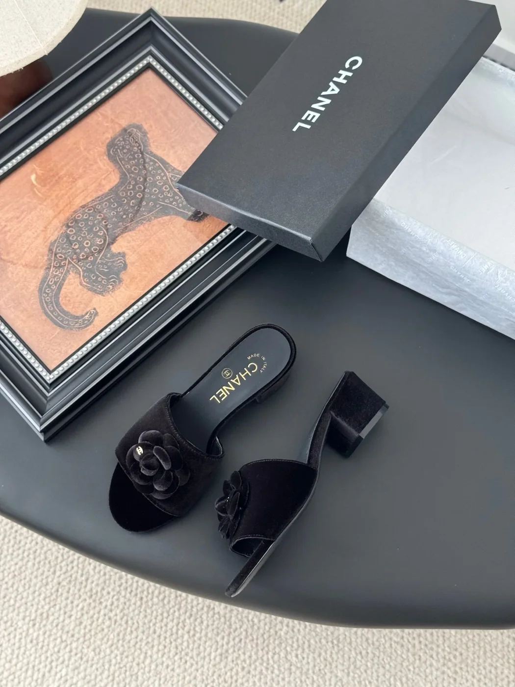 Chanel Women Black Velvet Flower Embellished Mules product view 3
