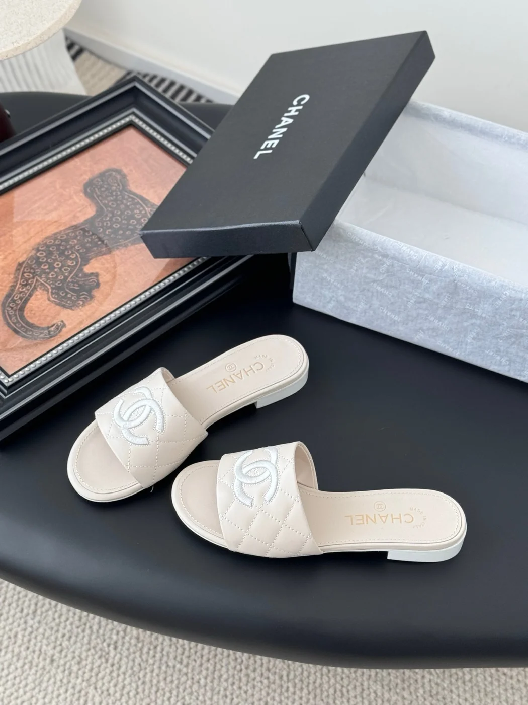 Chanel Women Cream Quilted Leather Slides product view 2