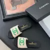 Chanel Women Beige Fabric Green Logo Slides product view 6