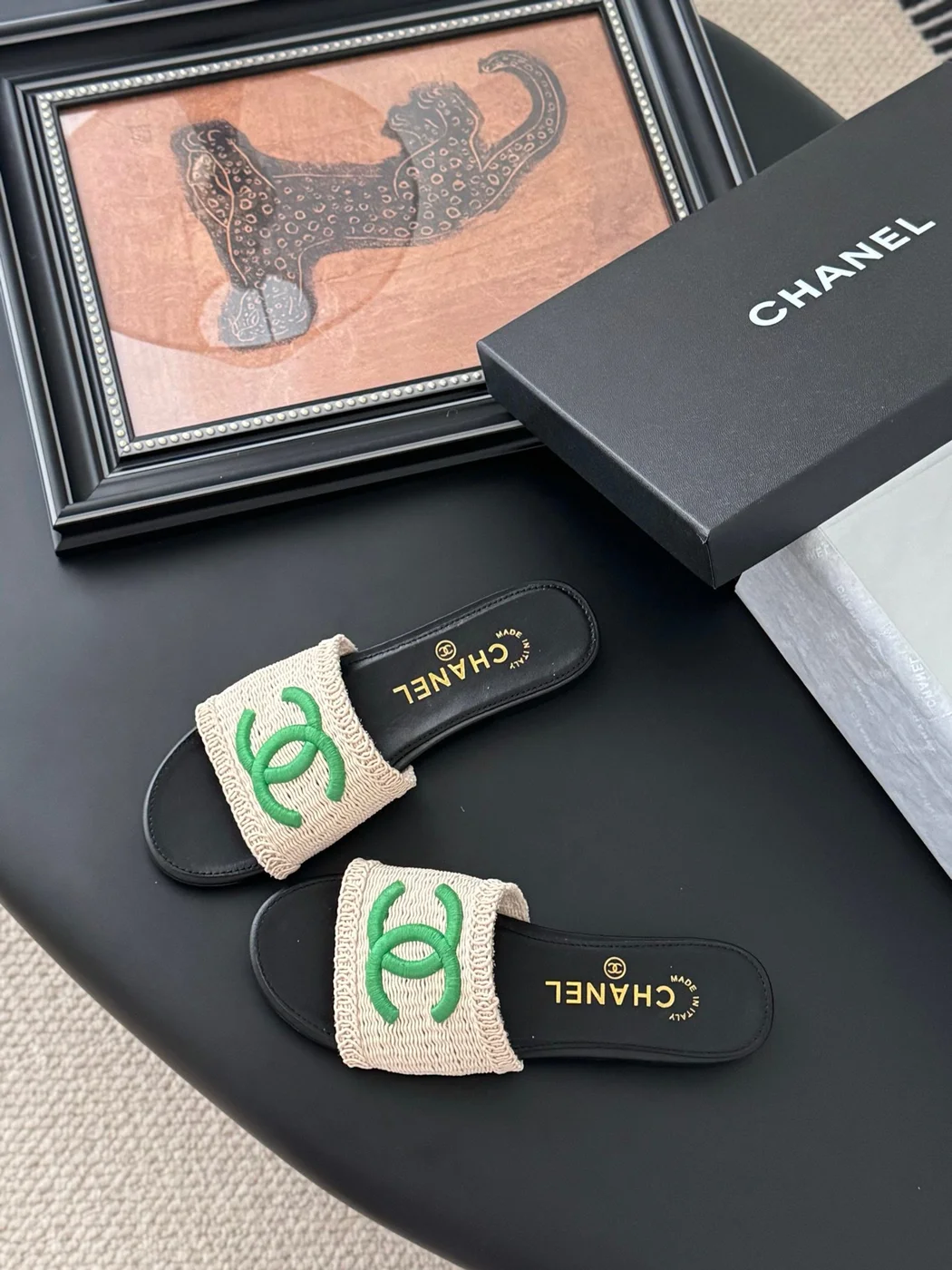 Chanel Women Beige Fabric Green Logo Slides product view 6