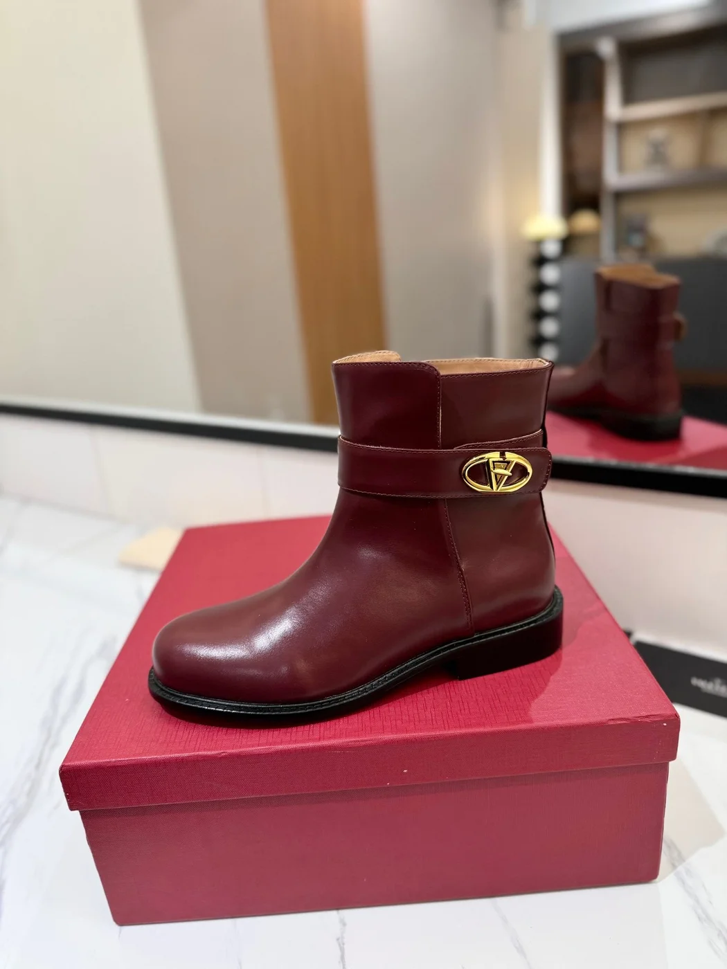 Valentino Women Burgundy Leather Ankle Boots product view 5