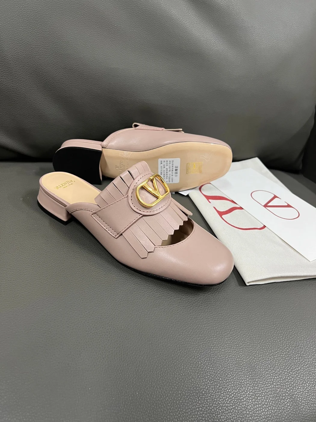 Valentino Women Blush Pink Leather Fringe Mules product view 4