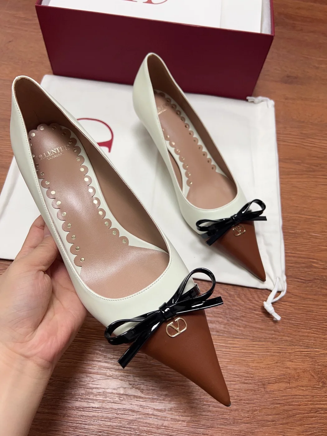 Valentino Women Ivory Leather Brown Patent Heels product view 5