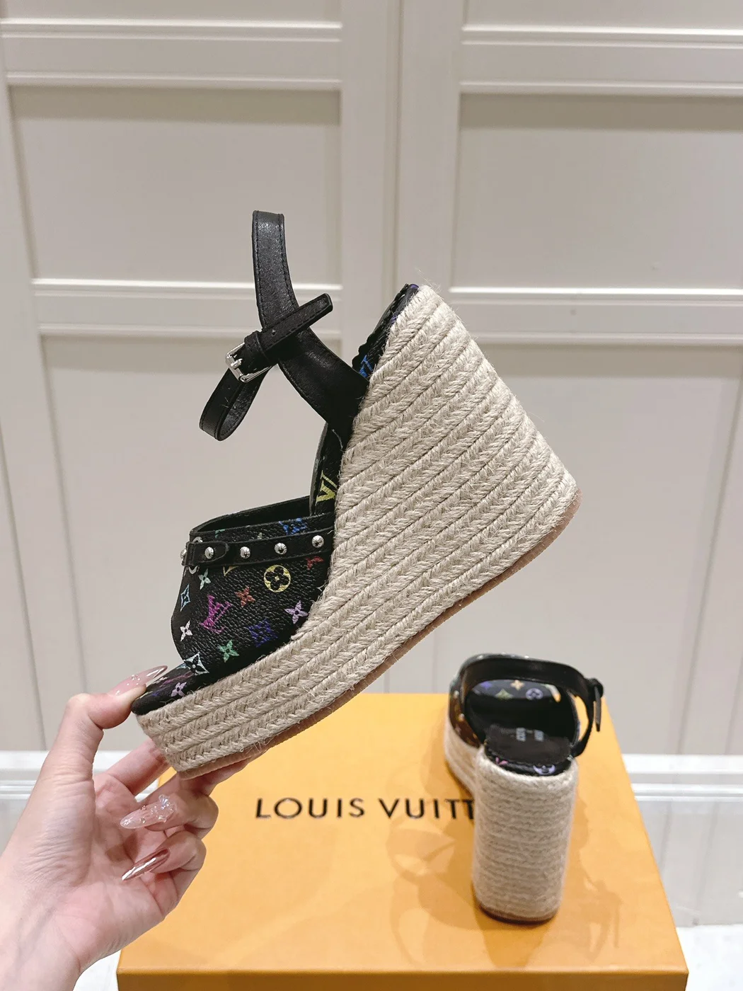 Louis Vuitton Women Black Leather Espadrille Wedge Sandals product view 6