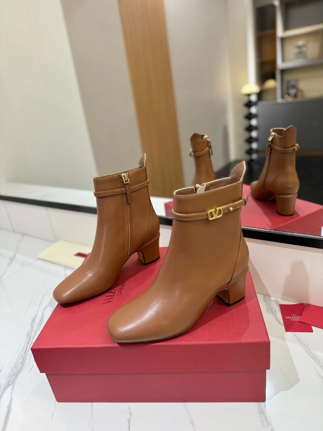 Valentino Women Brown Leather Ankle Boots product view 3