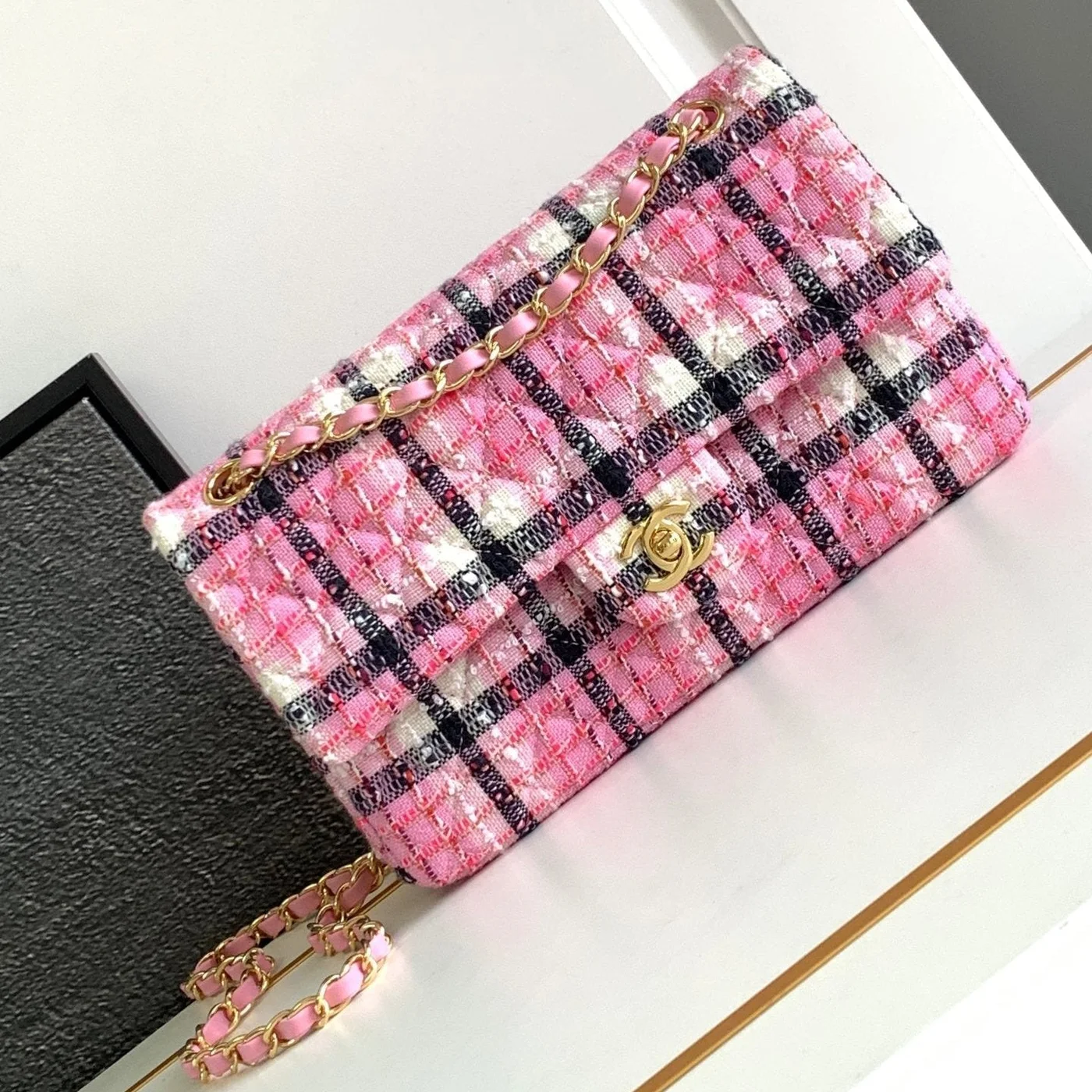 Chanel Cc Medium 25 Classic Bag In Light Pink Mix Black Wool Tweed product view 1