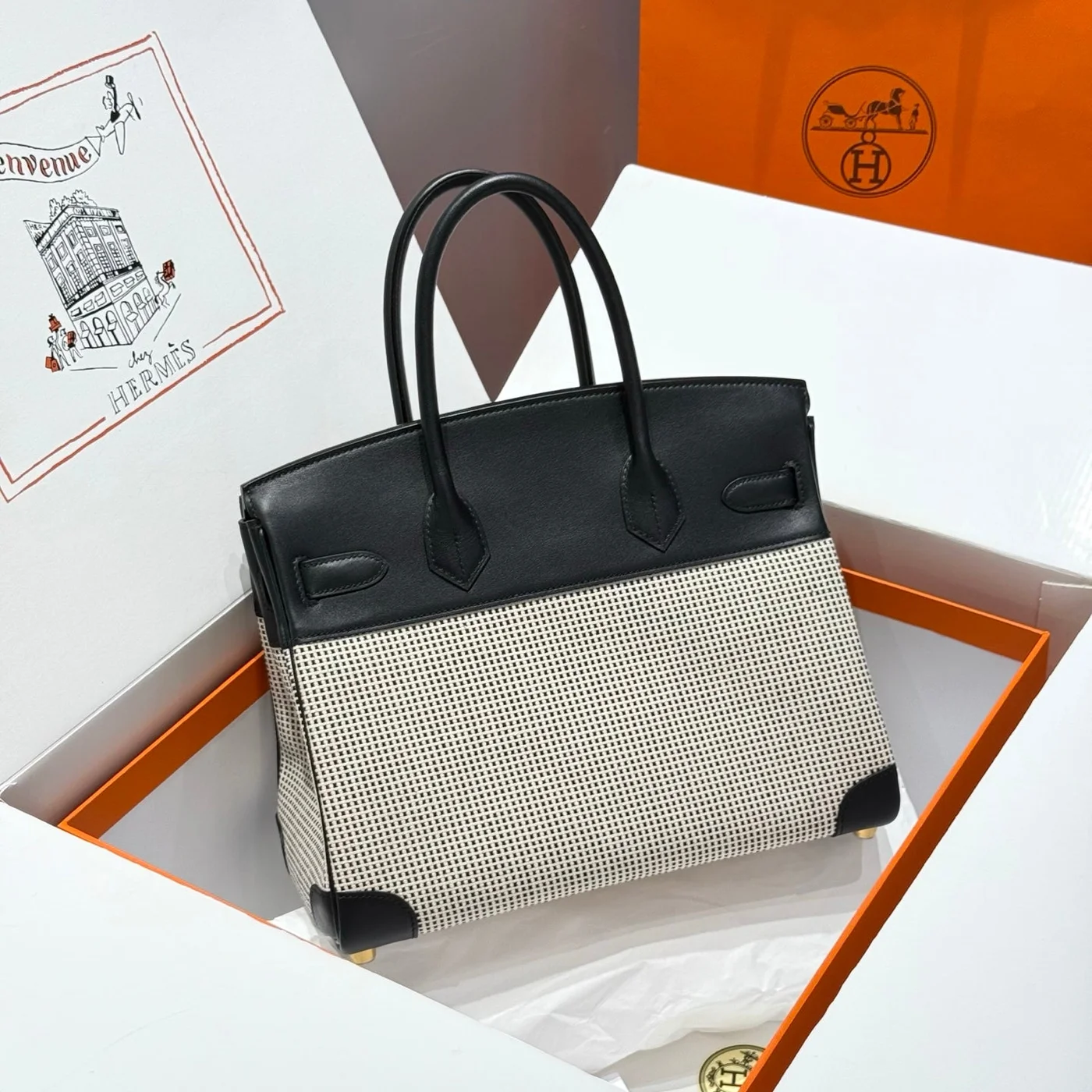 Hermès Birkin 30 cm In Black Swift White Black Plaid Toile Canvas Bag product view 2