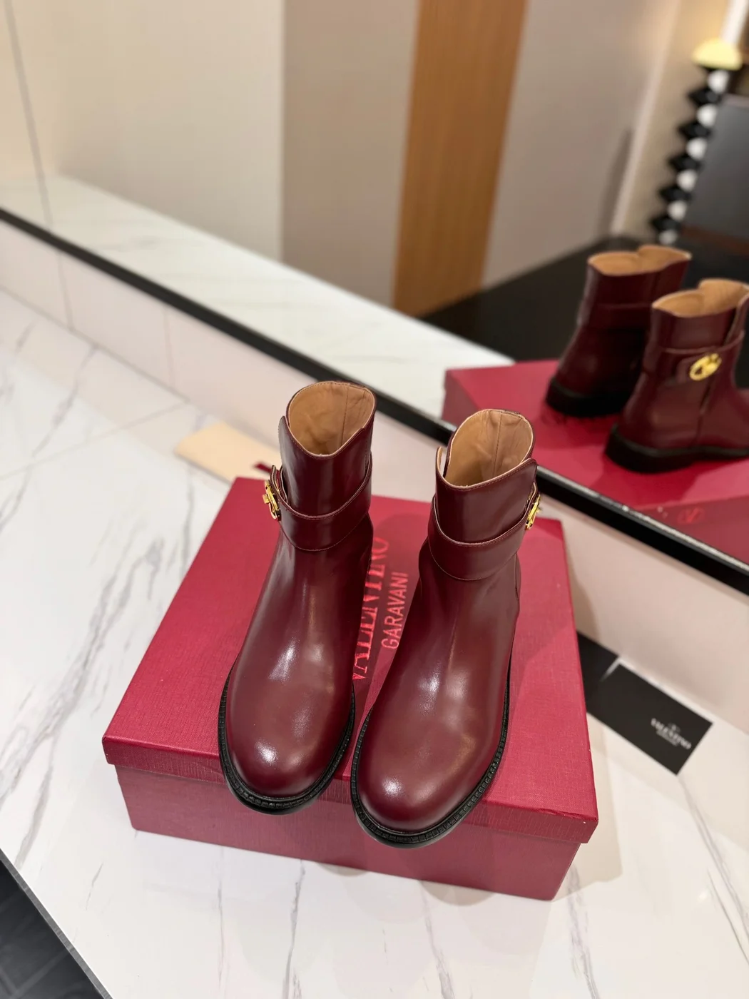 Valentino Women Burgundy Leather Ankle Boots product view 4