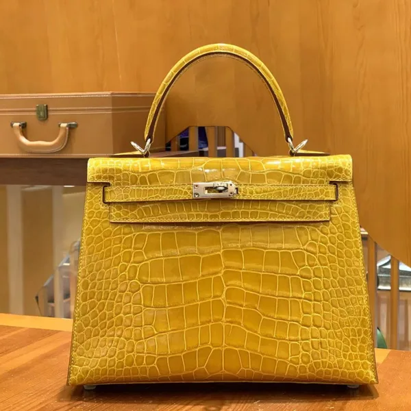 Hermès Kelly bag 25 Sellier Jaune ambre Alligator Crocodile skin Gold hardware product view 1