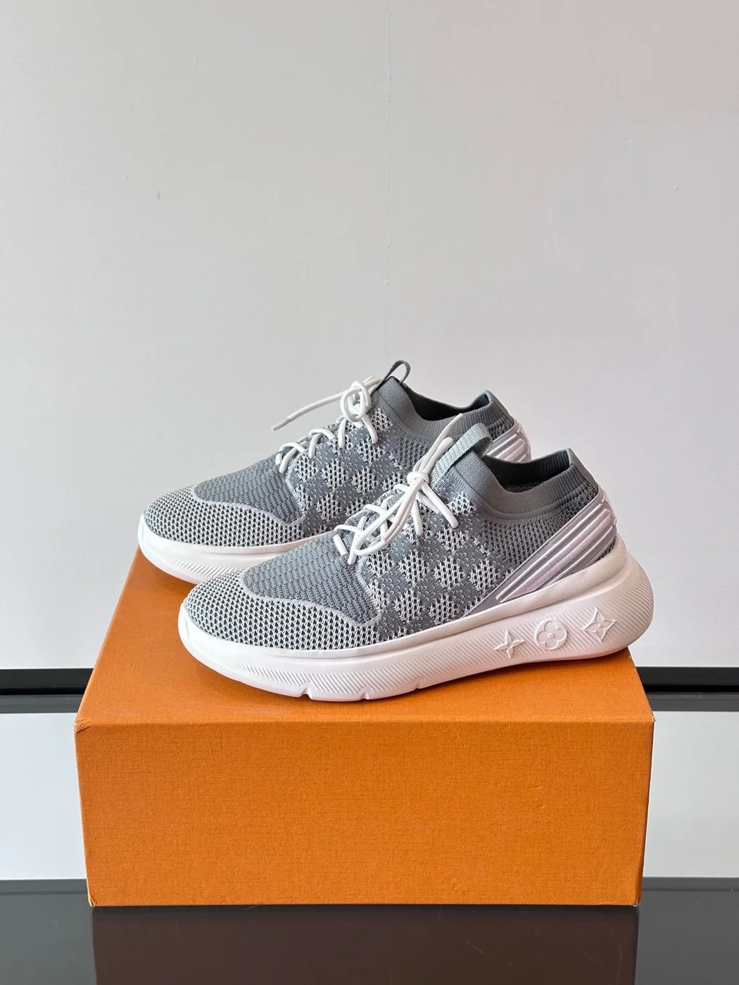 Louis Vuitton Men Grey Knit Fabric Sneakers product view 3