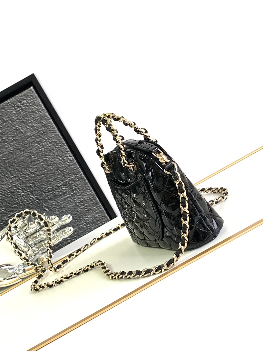 Chanel Alma Mini Shiny Leather Handbags Black Lock Gold 12 cm product view 7