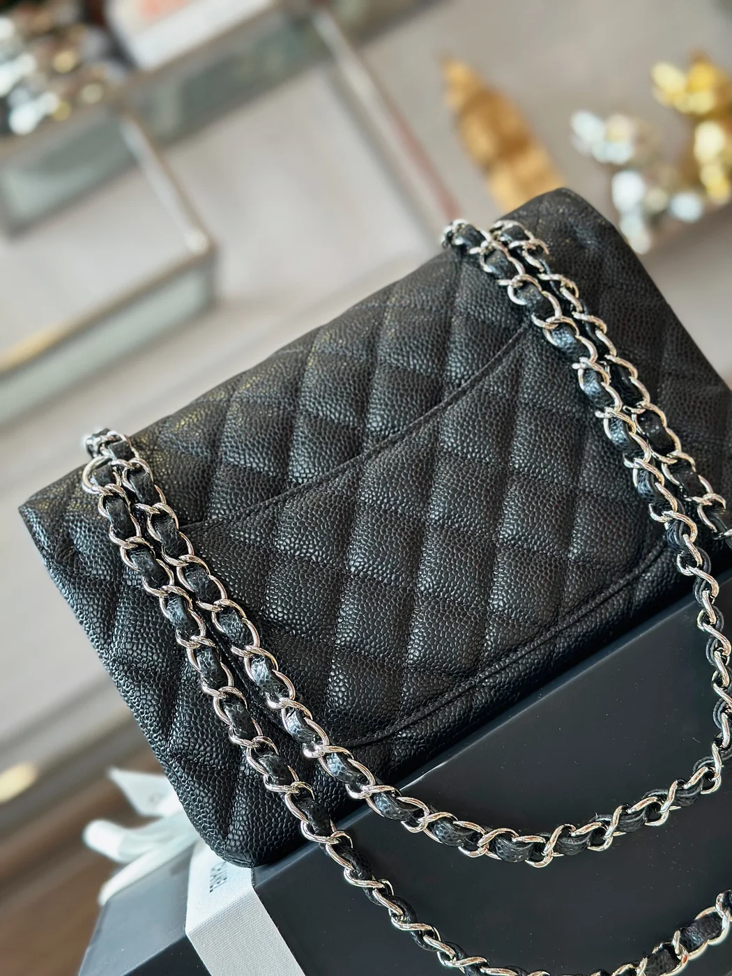 Chanel Classic Handbags Woman’s Black Leather Lock Silver 23 cm product view 4