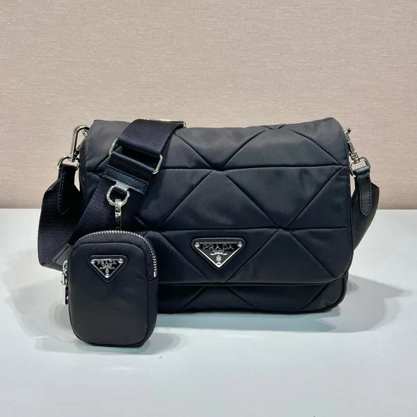 Prada Medium Flap Bag 24 In Black Triangular Quilted Pattern Re-Nylon product view 1