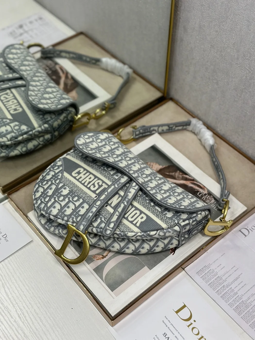 Dior Saddle Bag in grey Oblique embroidered product view 2
