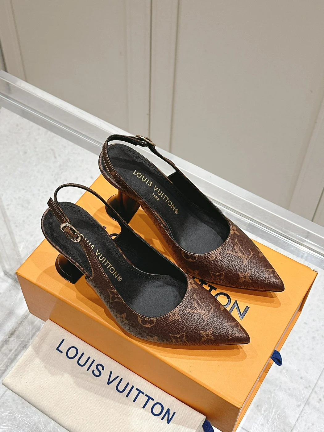 Louis Vuitton Women Brown Leather Patterned Slingback Heels product view 3
