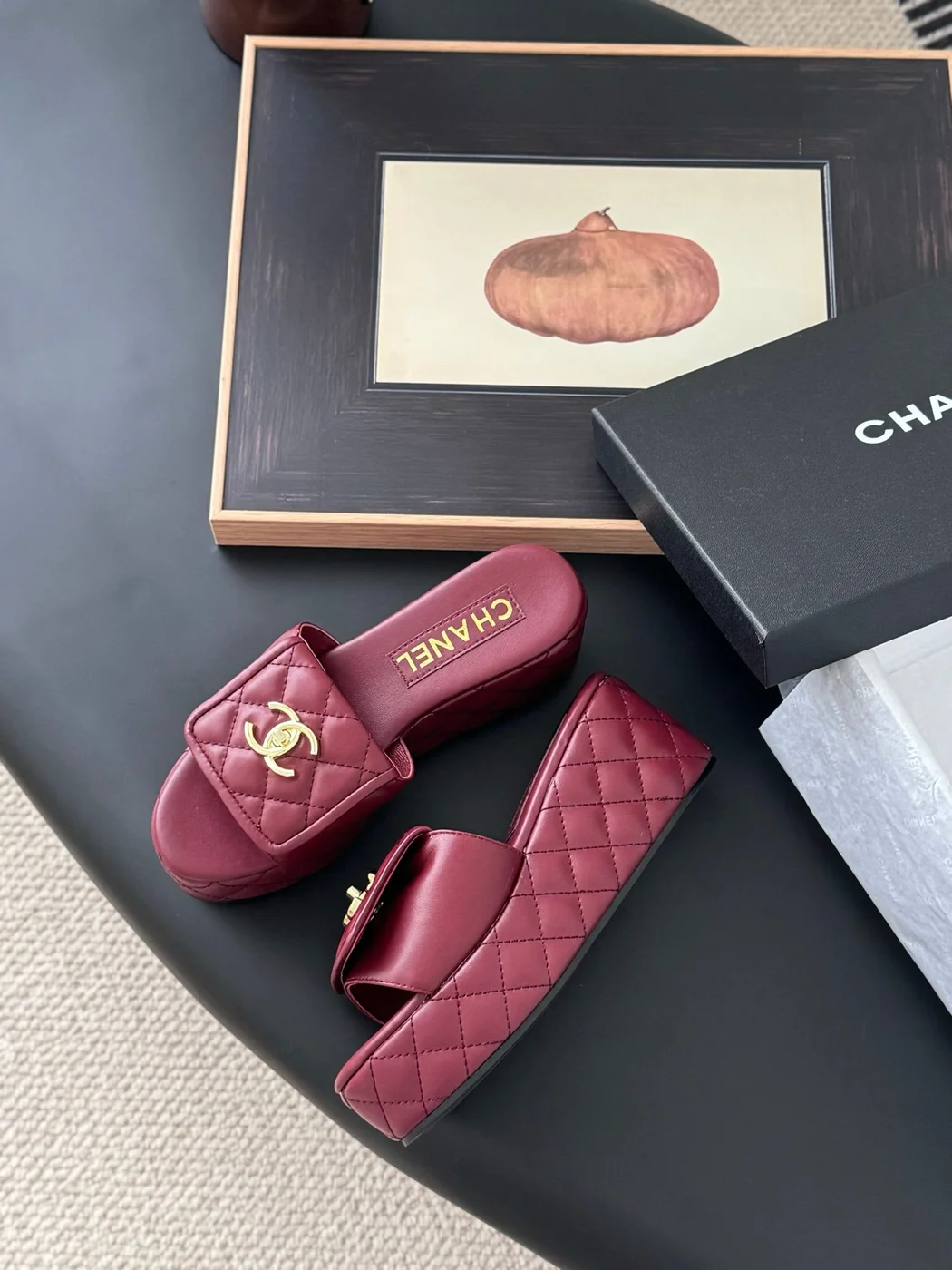 Chanel Women Burgundy Quilted Leather Slides product view 4