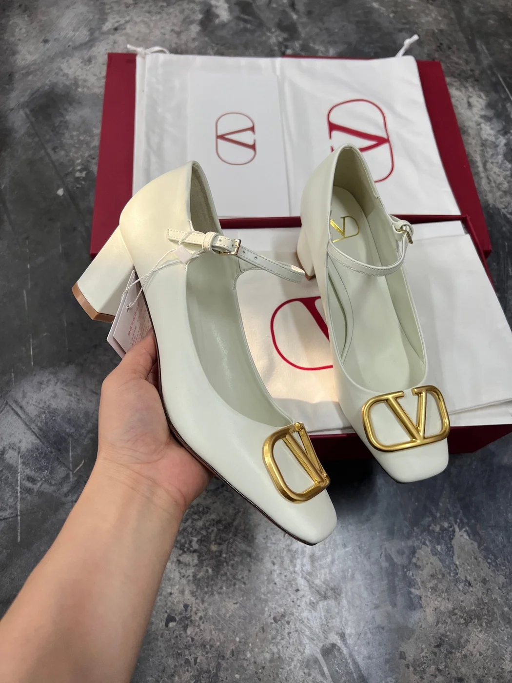 Valentino Women White Mary Jane Heels with Gold-Tone VLogo Detail product view 3
