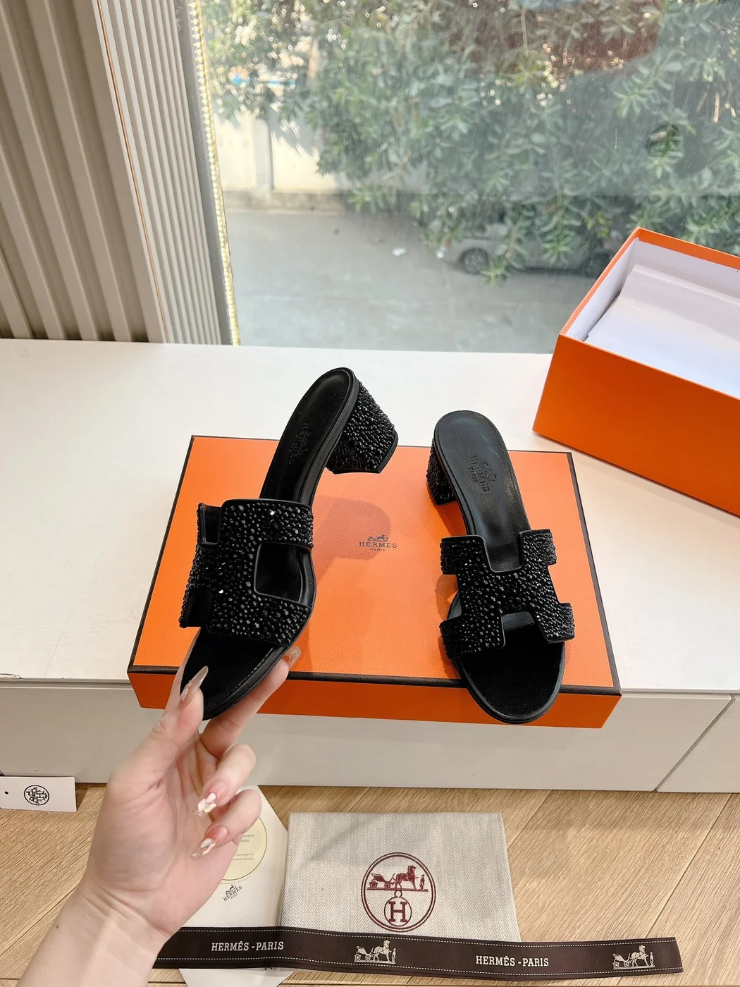 Hermès Women Black Embellished Leather Mules product view 6
