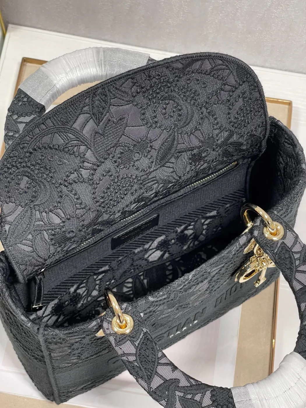 Dior Medium Lady D-Lite bag in black lace embroidery product view 6
