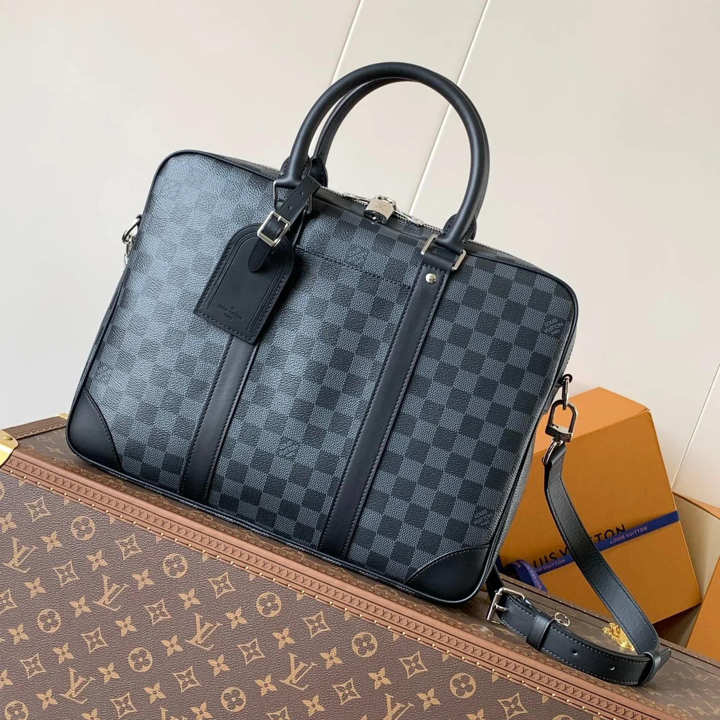 Louis Vuitton Checkered Briefcase Gray and Black product view 1